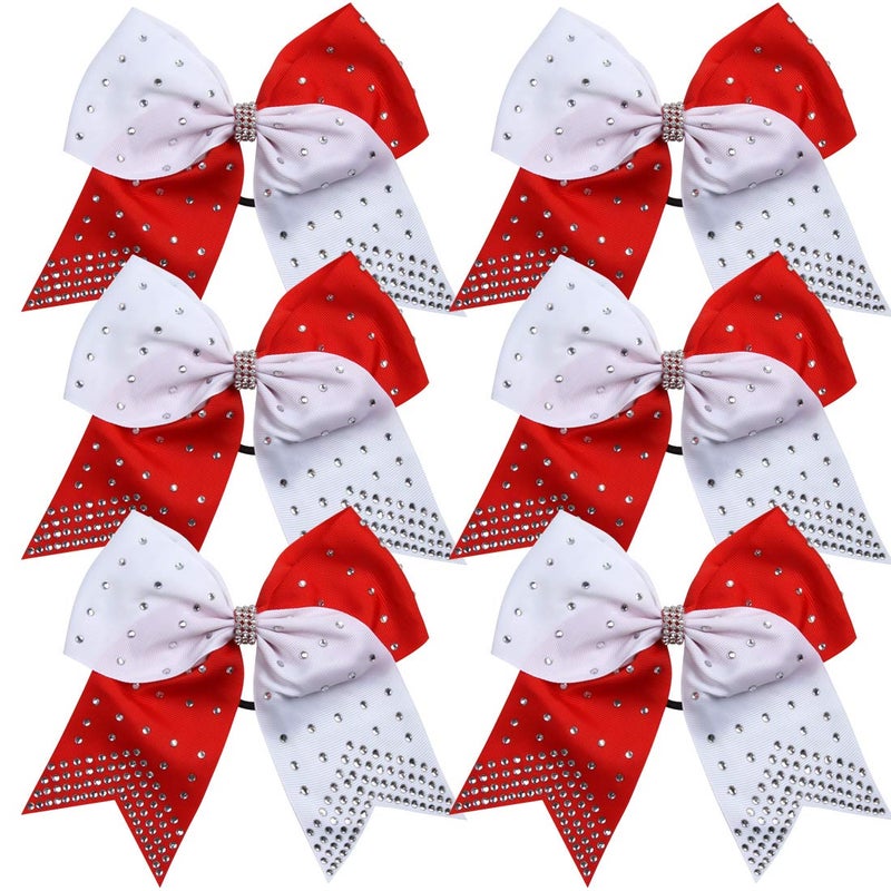 8 Inch 2 Colors Cheerleader Bows Ponytail Holder with Bling Fling Rhinestones Hair Tie Cheerleading Bows 6 Pcs RedWhite